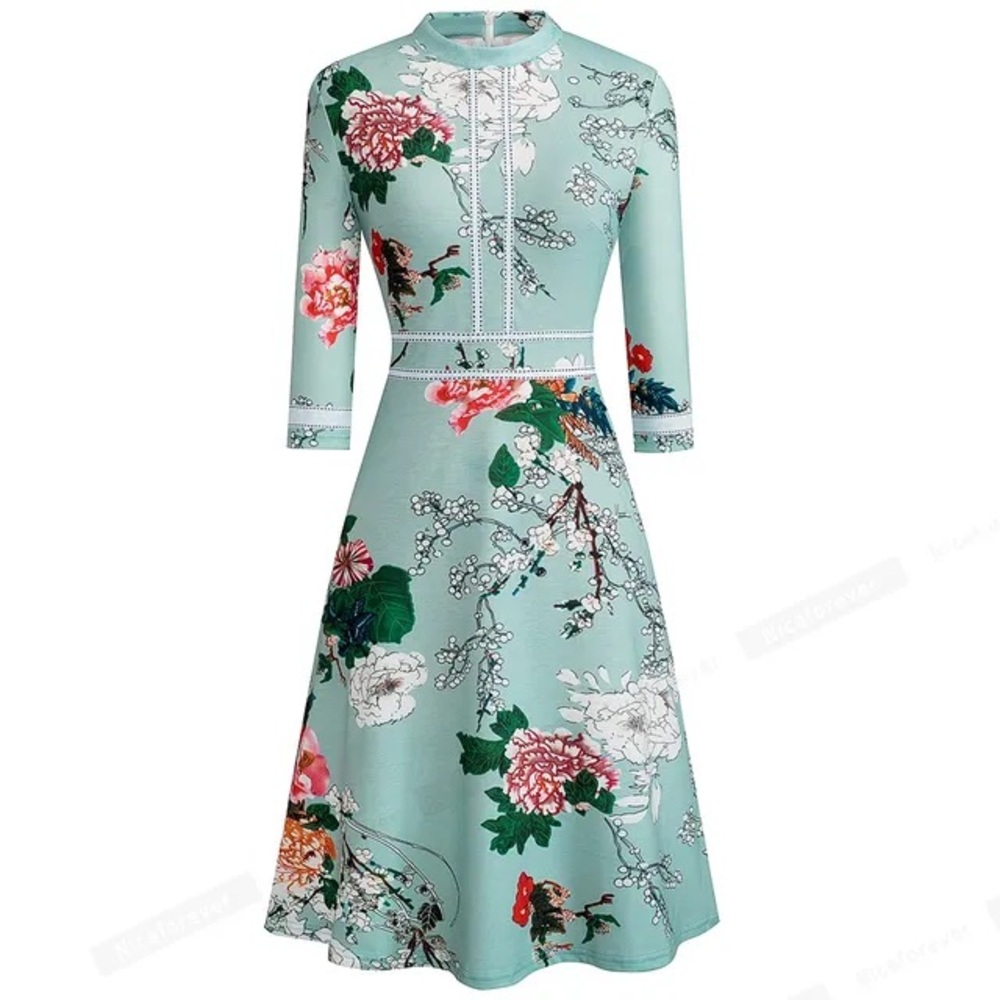 Homeyee Floral Midi A-Line Turquoise Dress NWT Size 6 Medium